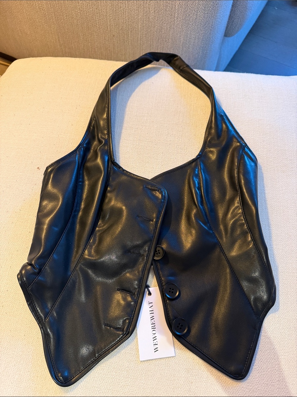 WeWoreWhat Black Faux Leather Halter Vest with Button Front